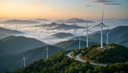 Wind turbines on green hills with fog and winding road at golden hour light