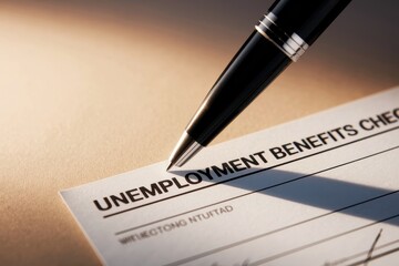 Obraz premium Unemployment claim process concept. Unemployment benefits check with a pen poised to sign.