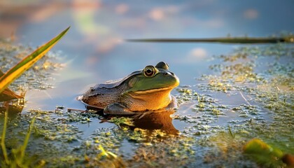 Fototapeta premium Frog Serenity: The image captures the essence of peace as a vibrant green frog sits calmly amidst the tranquil waters of a pond. Reflecting light on the frog.