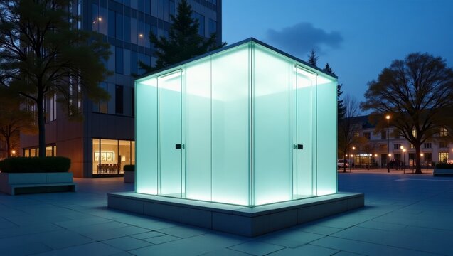 Modern architectural design of a public unisex restroom cube located in a bustling urban plaza with a minimalist white box structure in a contemporary setting