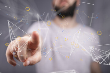 Close-up of a man's hand interacting with a digital network interface. Futuristic technology concept.