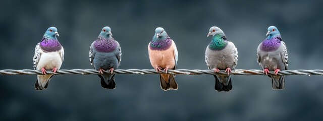 Pigeons against black cloudy background homing pigeon, racing pigeon and domestic messenger pigeon. Columbidae. asian pigeons. Oriental Roller. birds. bird sitting on wire. © Marta  Maksymiv