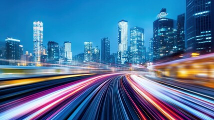 Dynamic cityscape at night with light trails from vehicles and illuminated skyscrapers