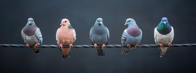 Pigeons against black cloudy background homing pigeon, racing pigeon and domestic messenger pigeon. Columbidae. asian pigeons. Oriental Roller. birds. bird sitting on wire.