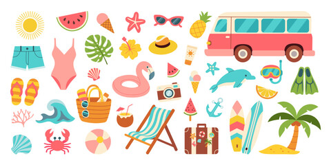 A colorful image of a beach scene with a pink van and various beach accessories such as a beach chair, umbrella, and a suitcase