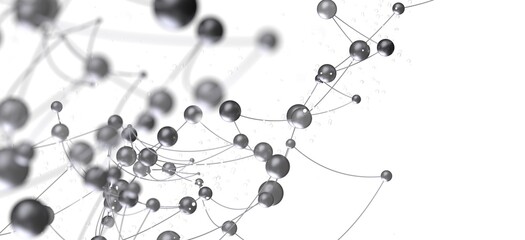 Modern network graphic, silver spheres connected by thin lines. Ideal for technology, science, or communication concepts.