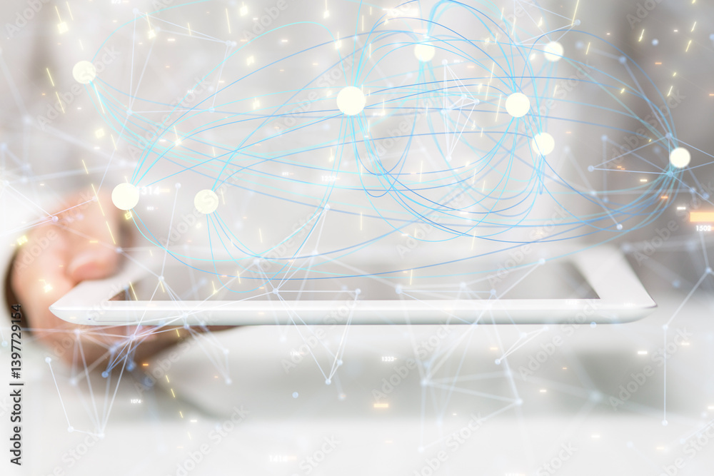 Poster Global network. Blockchain. 3D illustration. Neural networks and artificial intelligence. Abstract