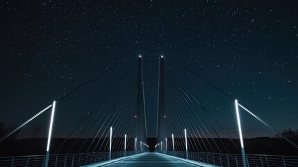 Obraz premium Modern steel cable bridge lit by soft white lights against starry night sky