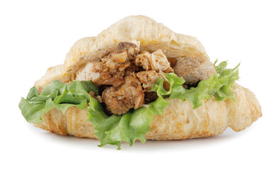 Croissant stuffed with grilled chicken meat isolated on white background. Croissant sandwich.