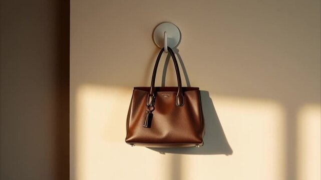 Elegant Brown Leather Handbag Hanging on Minimalist Wall Hook with Warm Afternoon Sunlight Casting Geometric Window Shadows on Neutral Beige Wall in Modern Interior Setting