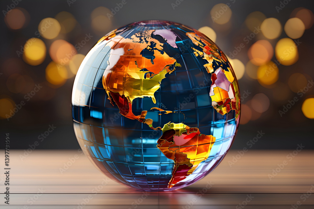 Wall mural 3d rendering of world globe on wooden table with bokeh background