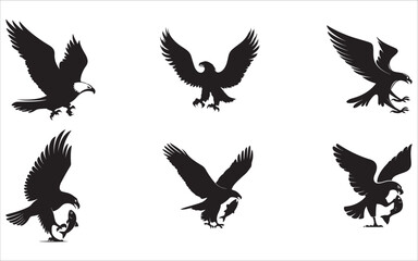 Obraz premium Eagle Catching Fish Silhouette Set – Predator Bird Logos in Flight