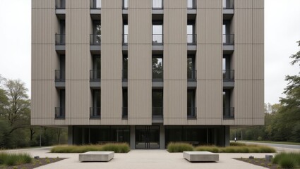 Fototapeta premium Impressive modern highrise tower constructed with full precast concrete and numerous offering a unique architectural perspective in a bustling urban environment
