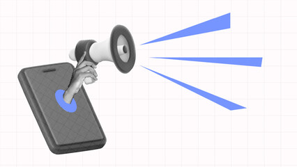 halftone collage, hand gesture holding Megaphone emerging from smartphone, digital marketing, online promotion and mobile advertising reach