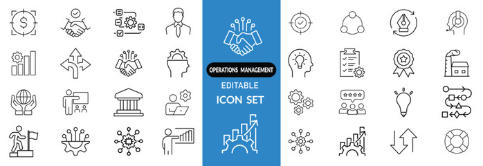 Operations management Editable Stroke icon collections. Containing production, logistics, supply chain, manufacturing, planning, inventory, strategy, customer satisfaction and cost icons