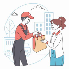 Delivery Man or Courier Handing Paper Bag with Order to Customer — Woman Receiving Package. Shipping Service and Logistics Concept. Vector Illustration.