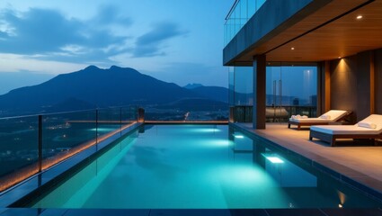 Obraz premium A stunning rooftop spa area with an infinity pool offering spectacular mountain views surrounded by lush greenery and modern lounge chairs for ultimate relaxation