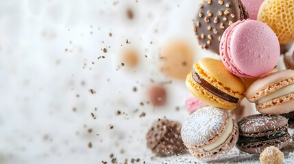 Fototapeta premium Assorted Colorful Macarons with Sprinkles and Puffs of Flour on a White Background
