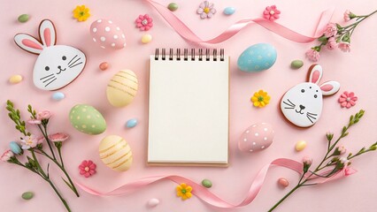 Easter-Themed Notepad Surrounded by Eggs, Bunnies, and Decor V6