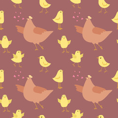 Seamless pattern with hen and chicks on a dark background. Chicken with brood. Cute lovely family of domestic fowl or poultry birds. Childish flat cartoon vector illustration.