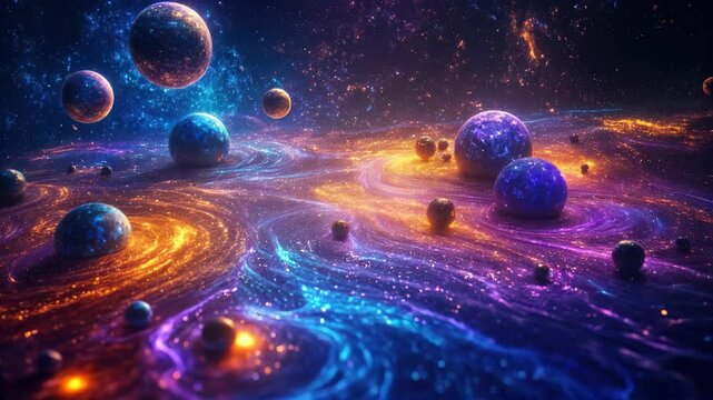 Multiple Colorful Universe Spheres Slowly Moving Through Swirling Nebula Cloudscape: A Stunning Space Animation