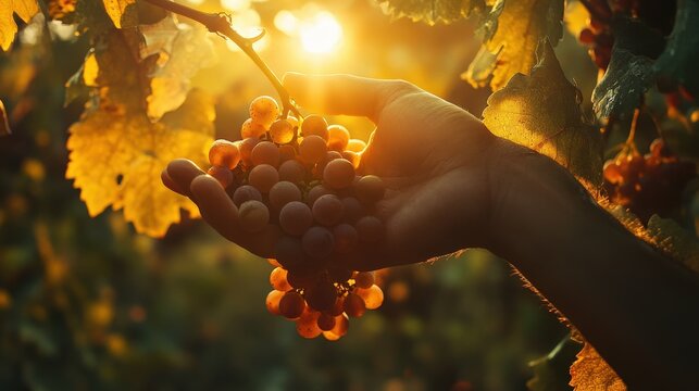 Sun-drenched hand cradling a cluster of ripe grapes. Warm light filters through lush vines in a softly blurred background