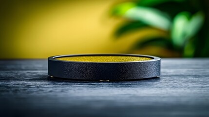 Minimalist Black and Yellow Dish on Dark Wooden Surface with Soft Green Background