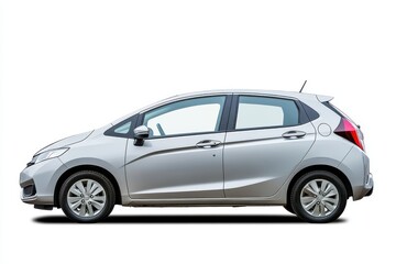A side profile view of a gray hatchback car isolated on a white background