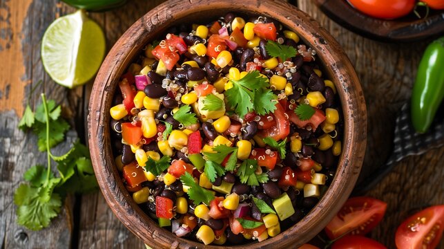 High protein black bean corn salad with quinoa fresh cilantro and a lime cumin dressing arranged stylishly