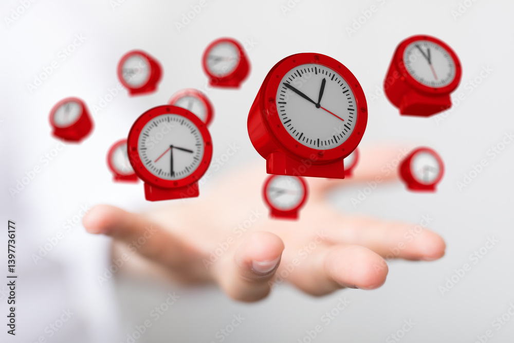 Poster Abstract image of multiple red clocks floating above a hand, symbolizing time management or deadlines.