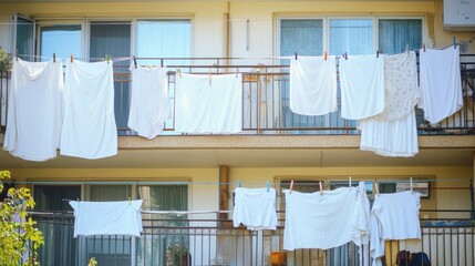 Brightly lit balcony adorned with hanging white laundry, creatin