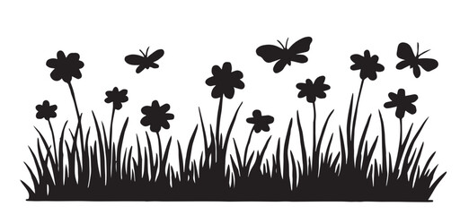 silhouette of border with wild flowers and grass. vector drawing in sketch style