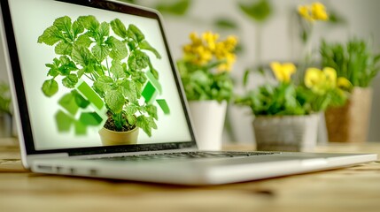 Close-Up View of a Laptop Displaying a Green Potted Plant on a Wooden Desk Surrounded by Flowers