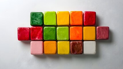 Colorful Array of Square Candy Pieces Forming an Artistic Pattern on a White Background