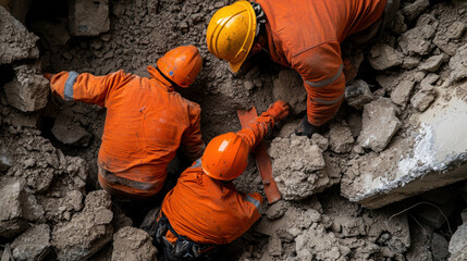 Construction workers in orange uniforms excavate rubble, showcasing teamwork amidst debris and highlighting the importance of safety in construction sites.