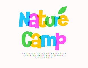 Vector Kids flyer Nature Camp. Festive Colorful Font. Creative Playful Alphabet Letters and, Numbers set.