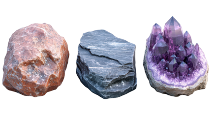 Three distinct mineral specimens showcasing natural textures and colors, with a focus on their unique formations