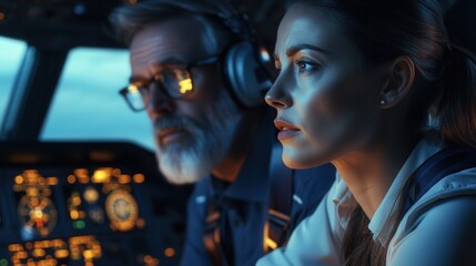 a beautiful middle-aged woman captain instructor explains complex flight procedures during a pre-flight meeting.