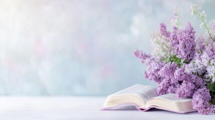 Soft lilac blooms and an open book on a table