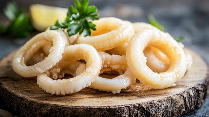 Cooked squid rings on wood, lemon, parsley, dark background, food photography