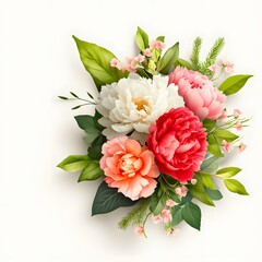 Vibrant Floral Arrangement Featuring Peonies and Green Foliage on a Light Background