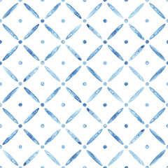 Seamless watercolor pattern. Blue geometric elements on a white background. Geometric ornament, bohemian cute print. Handmade.