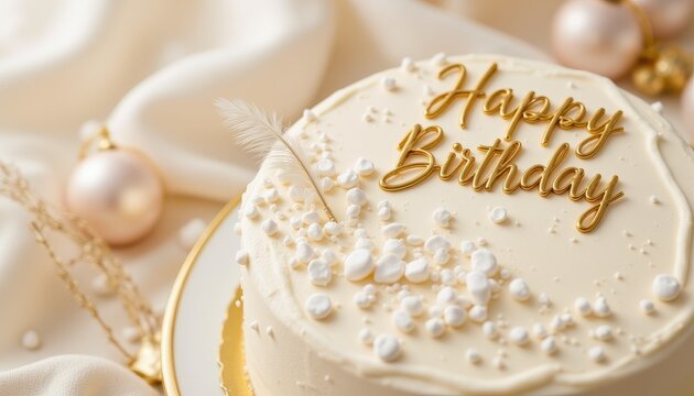 Birthday cake with white frosting and golden text