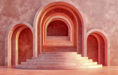 series of pink arches and steps create captivating, minimalistic architectural design. soft hues and smooth textures evoke sense of calm and elegance, suitable for modern spaces