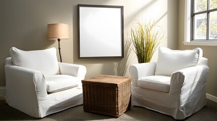 Fototapeta premium Cozy Living Room Setup Featuring White Armchairs and Wooden Coffee Table with Natural Light