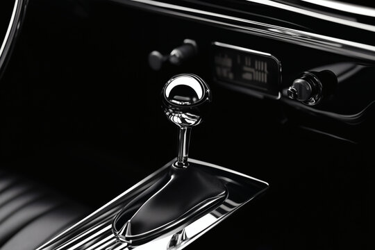 Fototapeta Classic Car Interior: A glossy chrome gear stick in an antique vehicle with a sleek, vintage design.