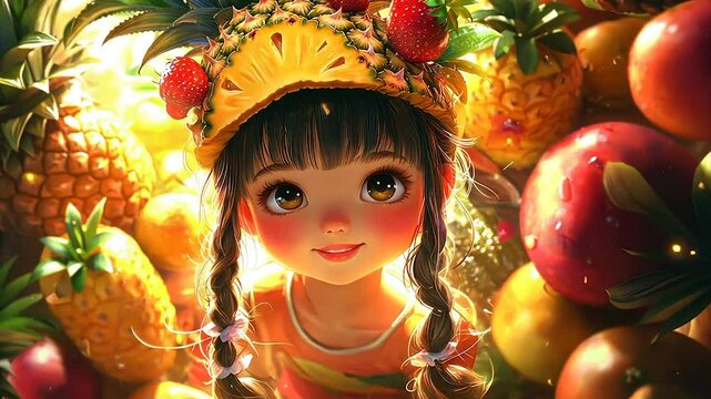 Cute girl amidst vibrant, sunlit fruit