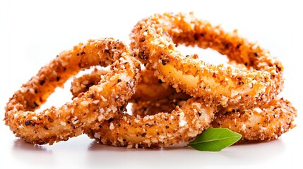 Crispy Fried Onion Rings Stacked on a White Background Garnished with Fresh Green Leaf