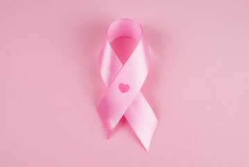 Pink breast cancer awareness ribbon with copy space, pink backgrounnd