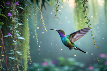 Obraz premium Magical Hummingbird in Flight Over Outstretched Hand – Vibrant Nature Scene with Iridescent Feathers and Whimsical Light